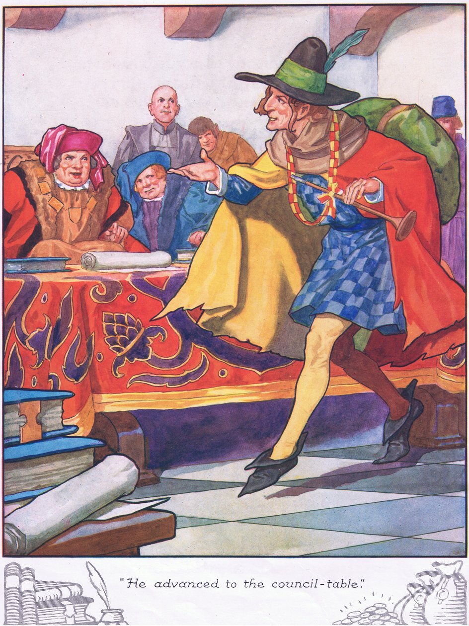 Dirigiu-se à mesa do Conselho (litografia a cores) de Thomas Heath Robinson