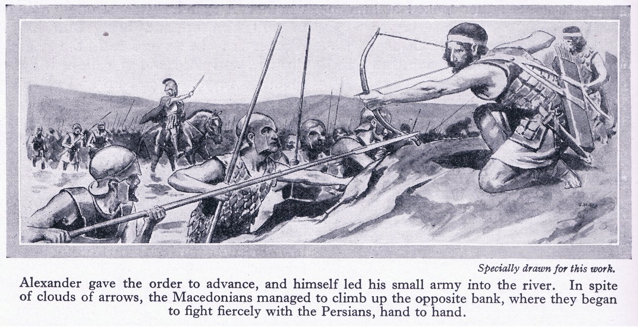 Como Alexandre conquistou o seu império: Dario, rei da Pérsia, reuniu um grande exército, que foi derrotado pelos macedónios em 334 a.C., c.1950 (litografia) de Thomas Heath Robinson