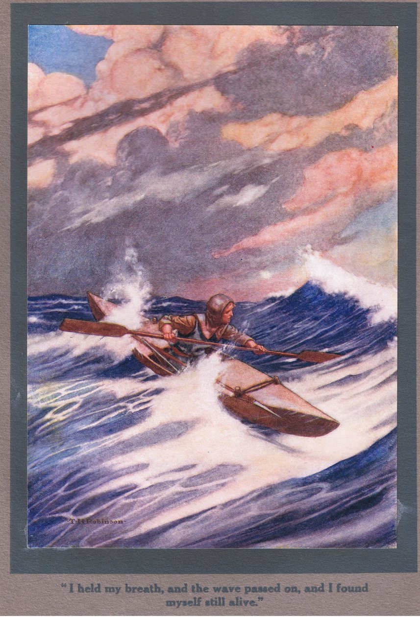 Sustive a respiração, enquanto a onda passava, e dei por mim ainda vivo (litografia a cores) de Thomas Heath Robinson