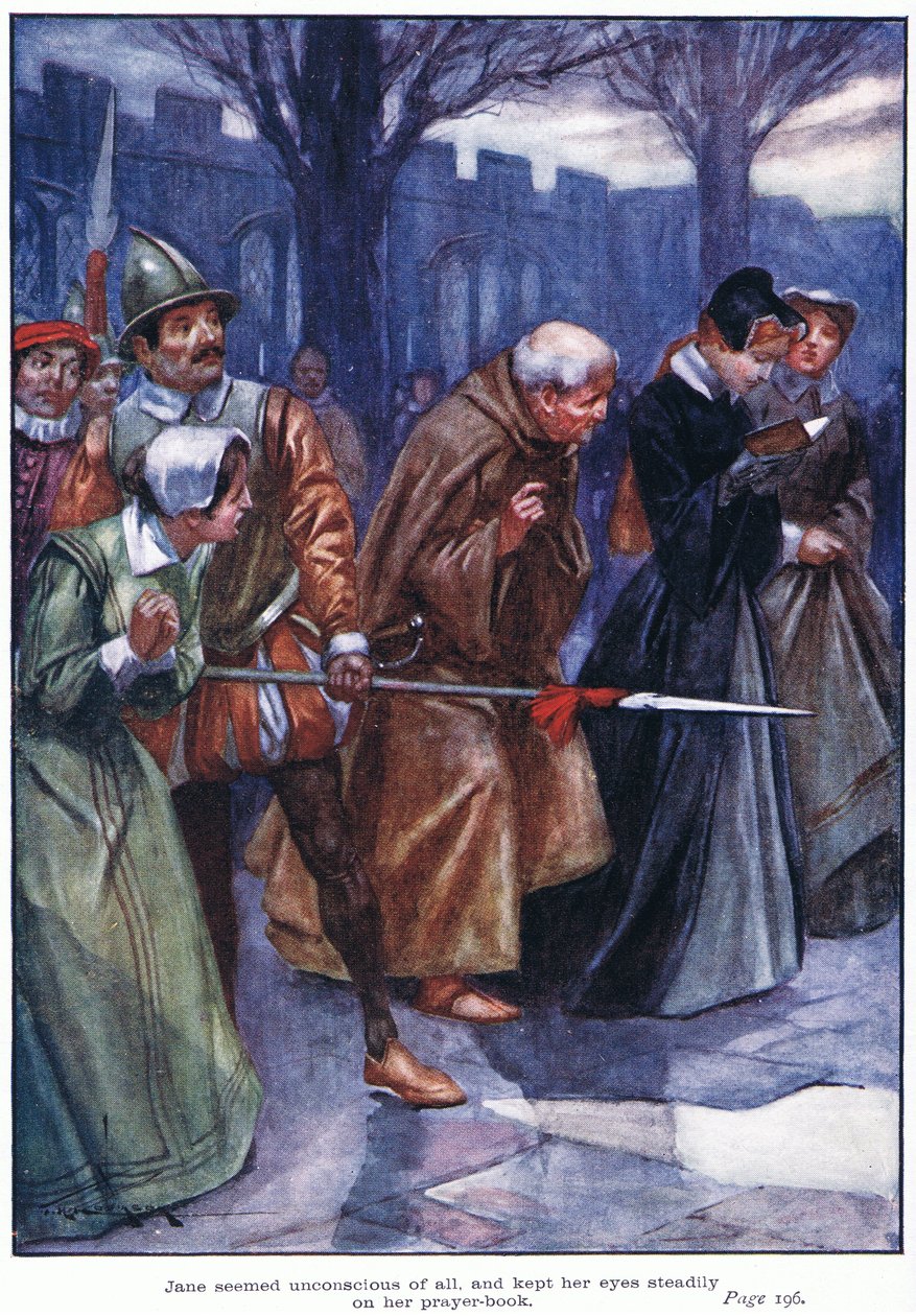 Jane parecia não ter consciência de nada e mantinha os olhos fixos no seu livro de orações (litografia a cores) de Thomas Heath Robinson