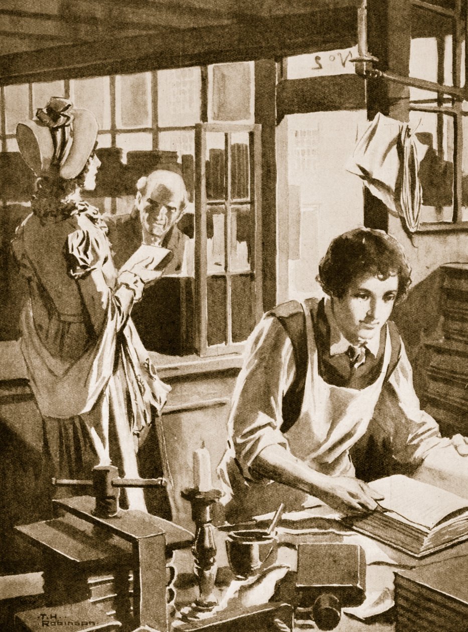 Michael Faraday, aprendiz de livreiro, a ler uma enciclopédia (litografia) de Thomas Heath Robinson