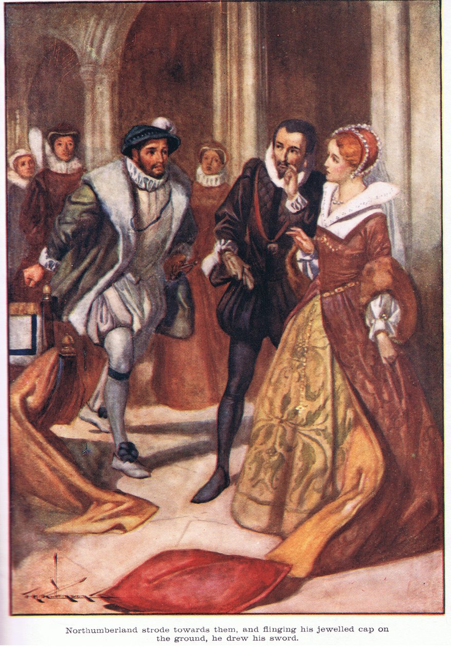 Northumberland dirigiu-se para eles e, atirando para o chão o seu chapéu de jóias, desembainhou a espada (litografia a cores) de Thomas Heath Robinson