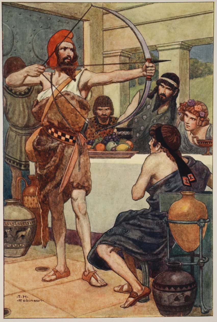 Odisseu castiga os pretendentes (litografia a cores) de Thomas Heath Robinson