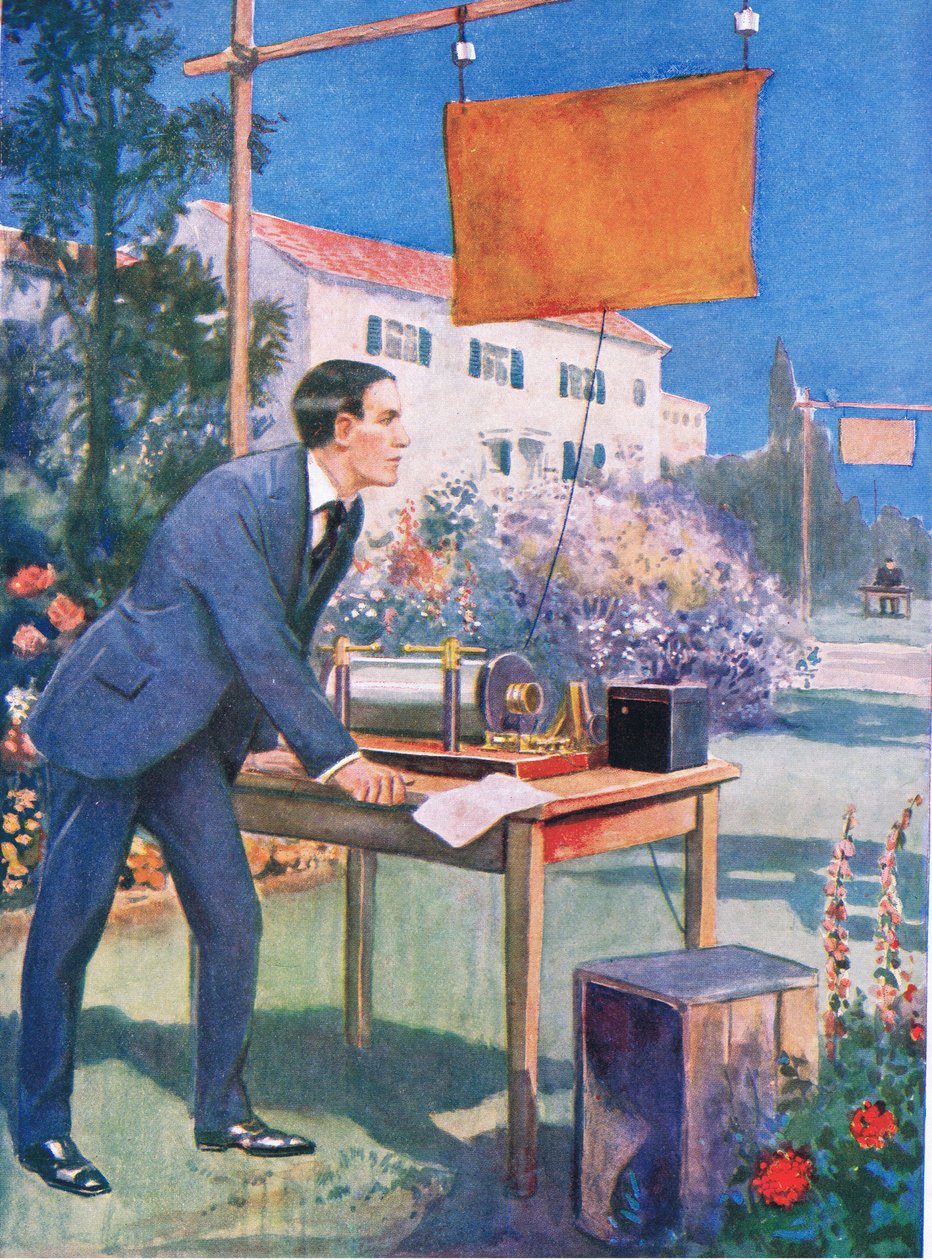 Uma das primeiras experiências de Marconi, ilustração do "Cassell