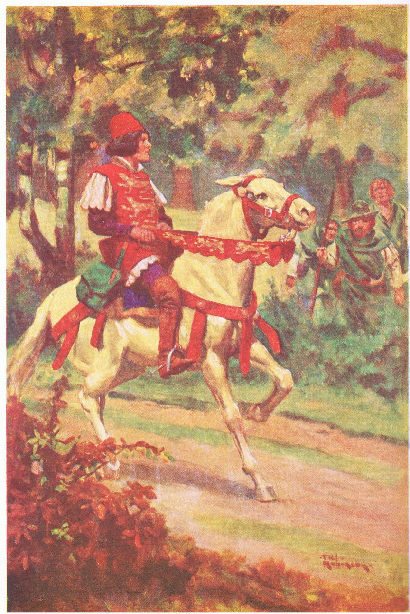 Robin e o seu companheiro viram o mestre Patrington a cavalgar na sua direção (litografia a cores) de Thomas Heath Robinson