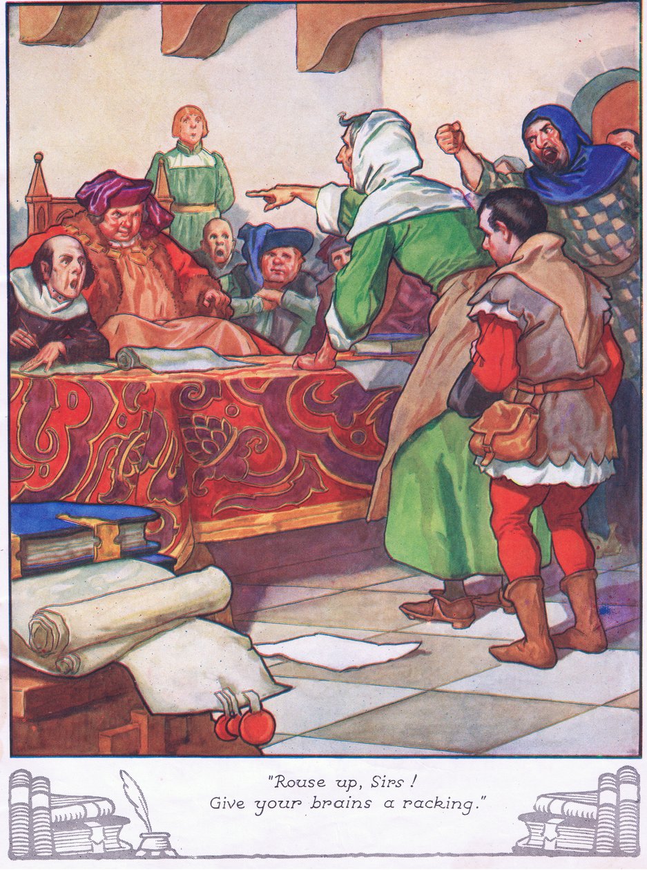 "Acordem, senhores! Dêem uma sacudidela nos vossos cérebros". (litografia a cores) de Thomas Heath Robinson