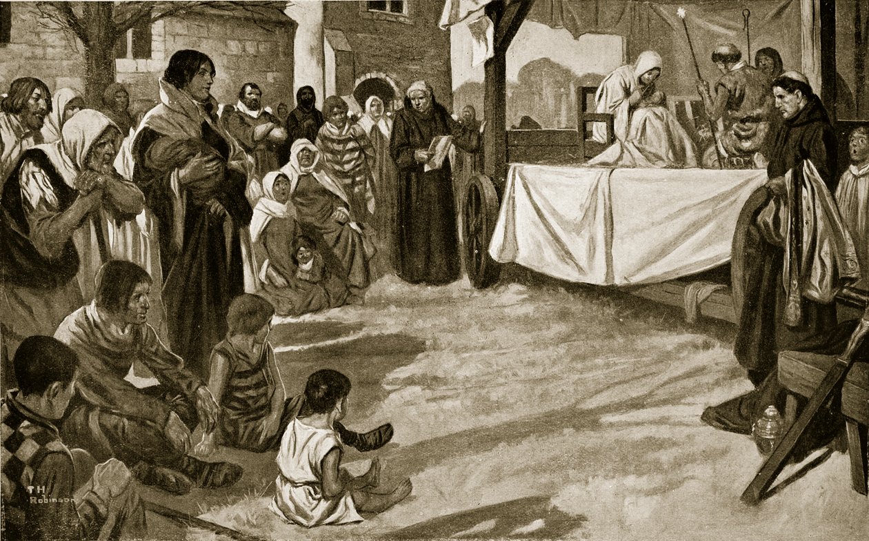 Representação de uma antiga peça de mistério, ilustração de "Hutchinson