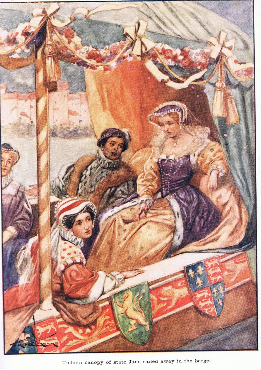 Sob um dossel de estado, Jane partiu na barcaça (litografia a cores) de Thomas Heath Robinson