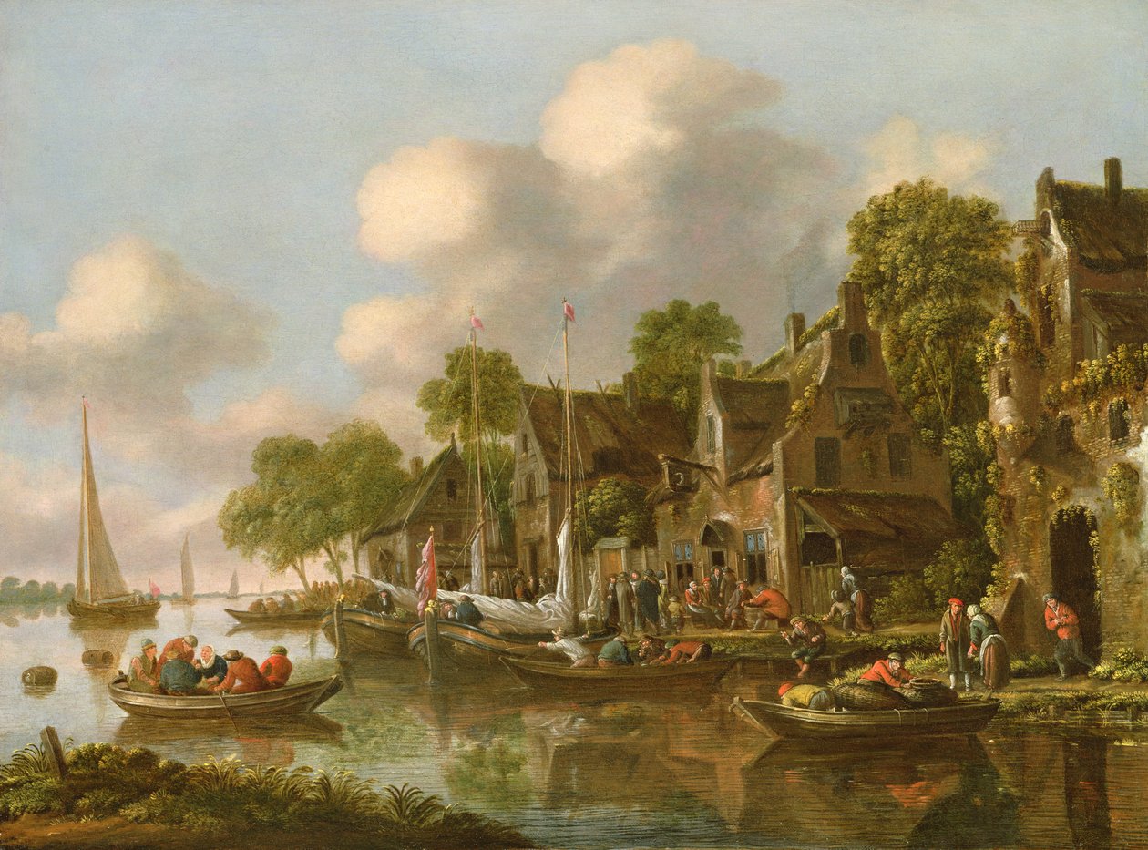 Um, rio, paisagem, com, barcos, e, figuras, por, um, taberna, 17o século de Thomas Heeremans