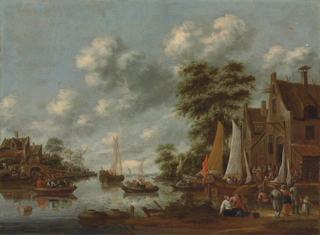 Paisagem fluvial com ferry-boats e outras embarcações, figuras a desembarcar junto a uma estalagem de Thomas Heeremans