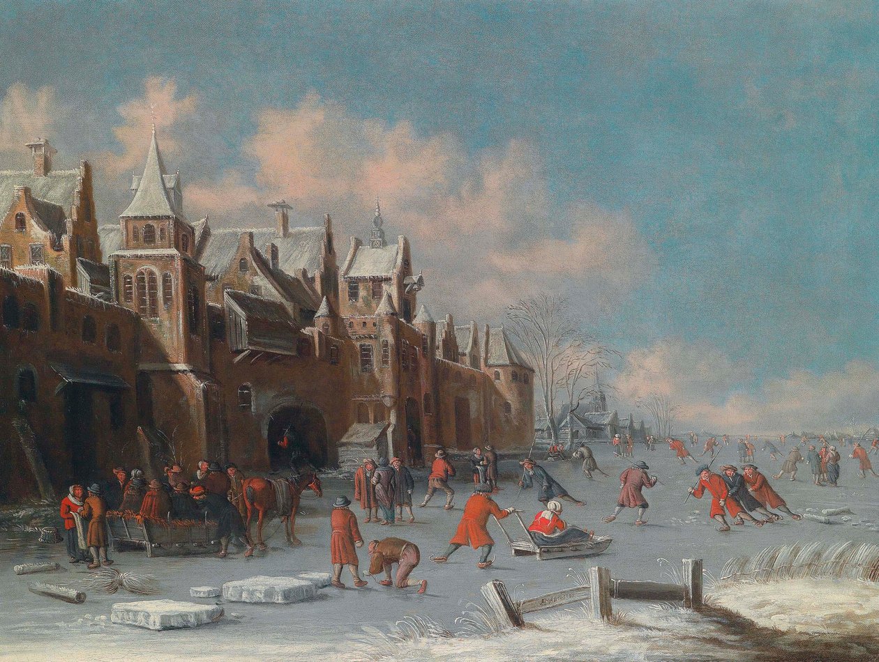 Patinadores no gelo junto aos portões de uma cidade holandesa de Thomas Heeremans