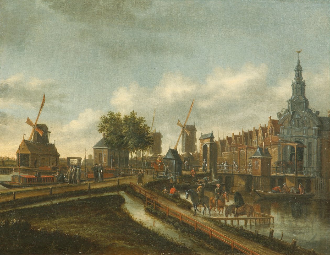 O &39;Haarlemmer Poort&39; em Amsterdã com figuras em uma estrada e em barcos (óleo sobre tela) de Thomas Heeremans