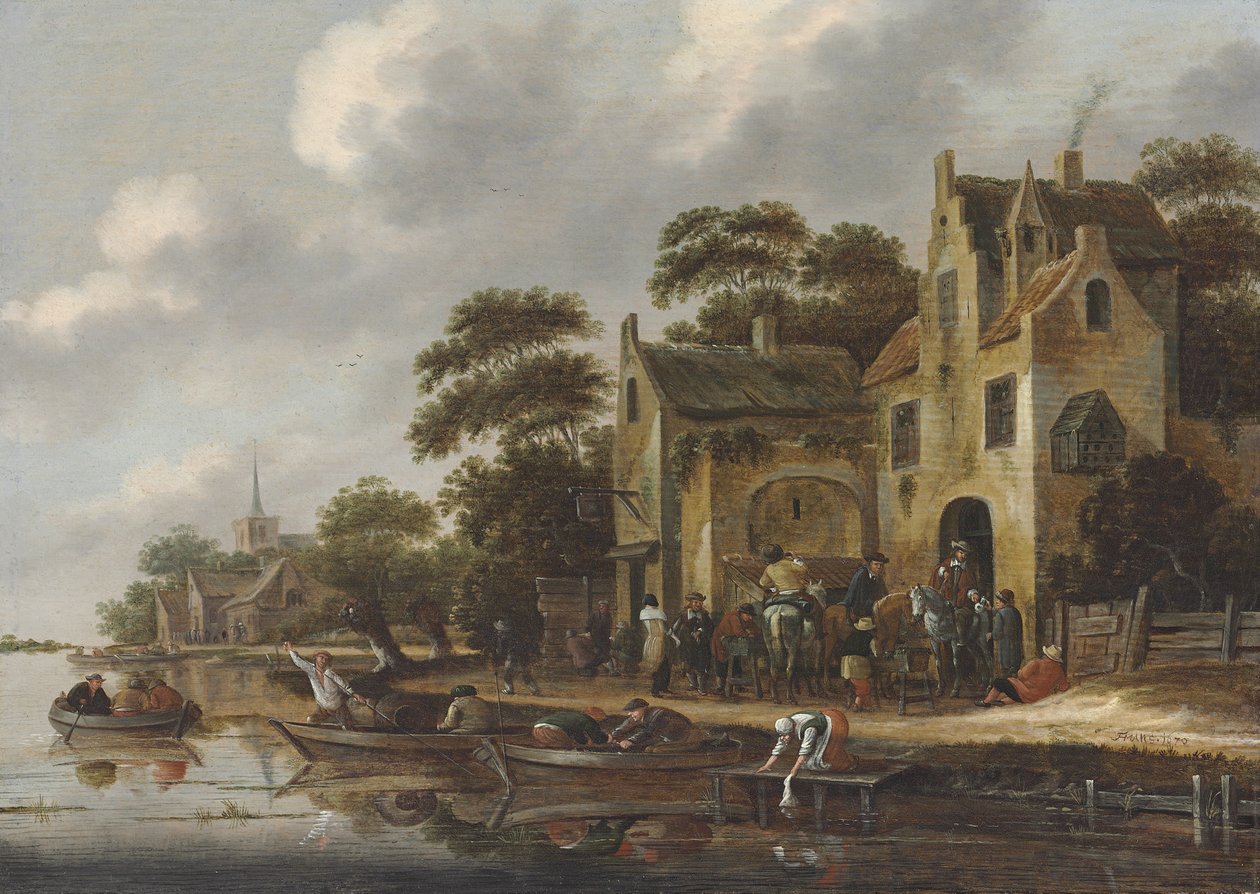 A margem de um rio, com figuras em barcos a remos e viajantes à porta de uma estalagem, uma igreja mais além de Thomas Heeremans