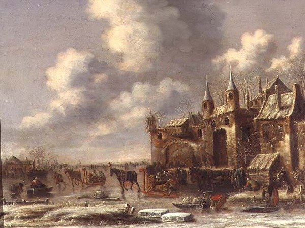Os habitantes da cidade no gelo junto a um portão da cidade de Thomas Heeremans