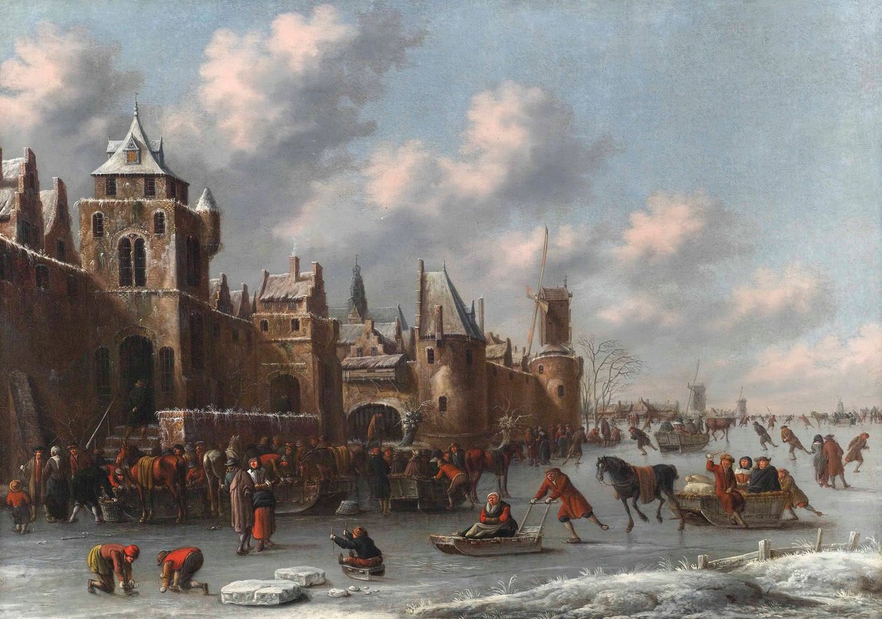 Paisagem de inverno com figuras a patinar e a andar de trenó num fosso congelado junto a uma cidade fortificada de Thomas Heeremans