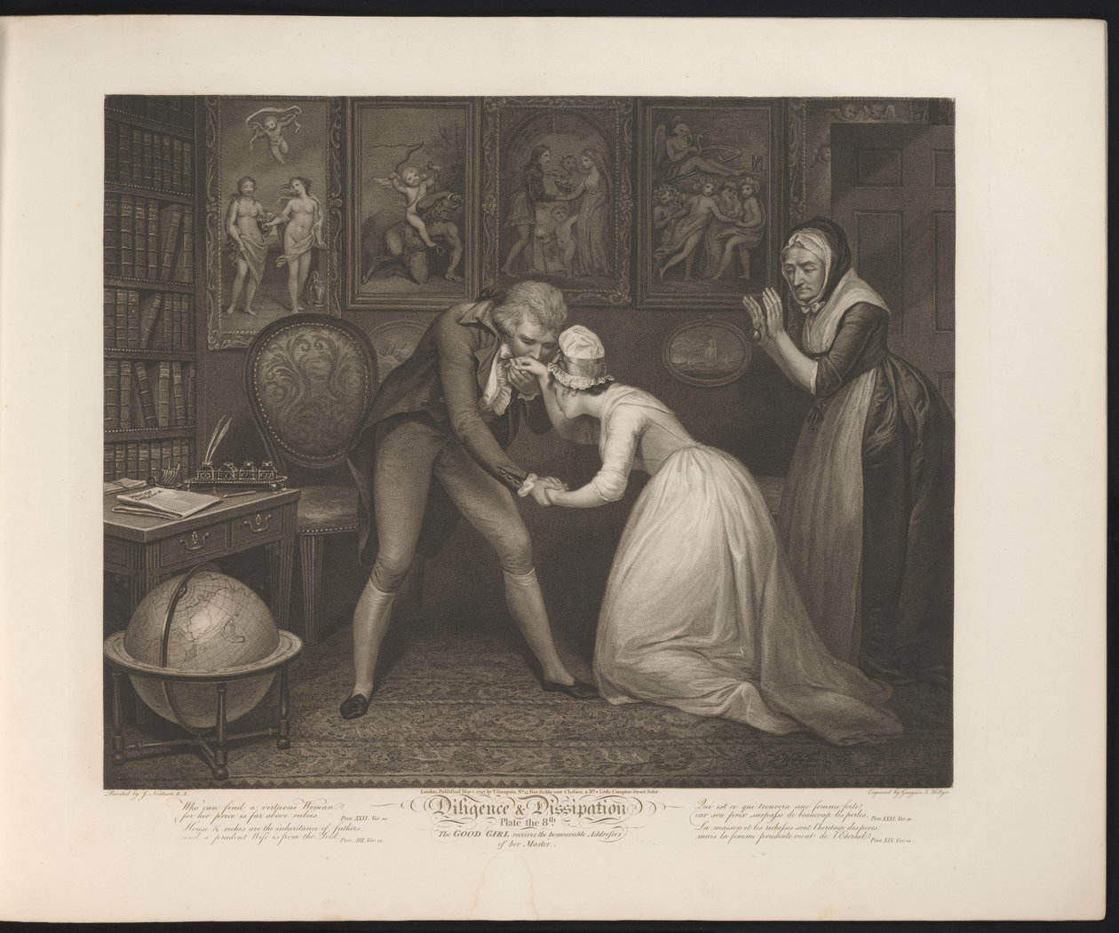 Senhor da casa propõe casamento à humilde serva Placa 8. A Boa Moça recebe as Distinções Honrosas de seu Mestre (título no objeto) Virtude e Deboche (título da série) Diligence & Dissipation (título da série no objeto) de Thomas Hellyer
