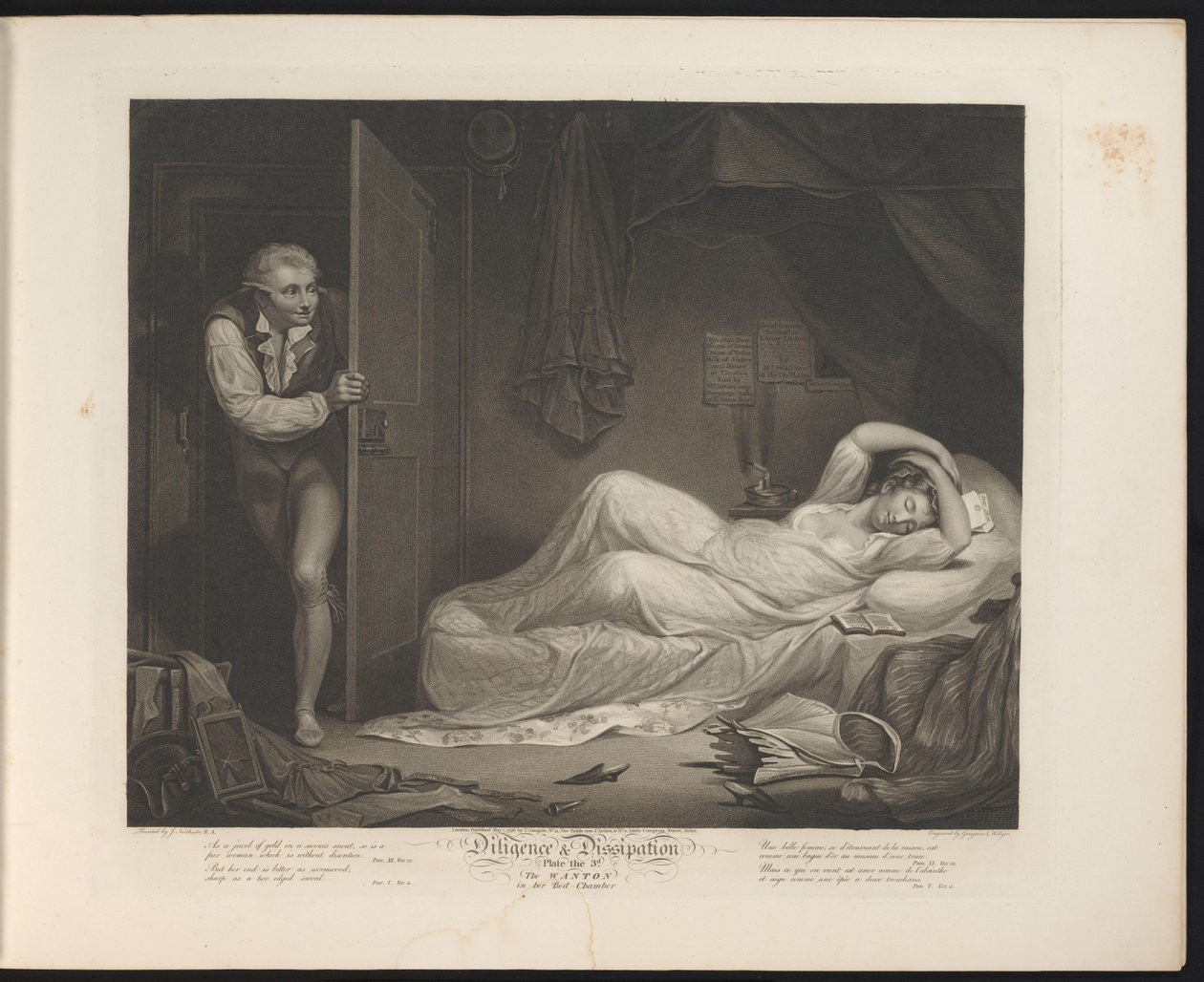 Empregada solta a dormir enquanto um homem se esgueira
Placa 3. The Wanton in the Bed Chamber (título sobre o objecto)
Diligência e Dissipação (título da série)
Diligência e Dissipação (título da série sobre o objecto) de Thomas Hellyer