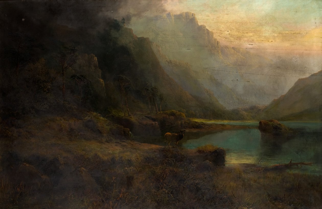 Highland Loch com Stag de Thomas Henry Gibb