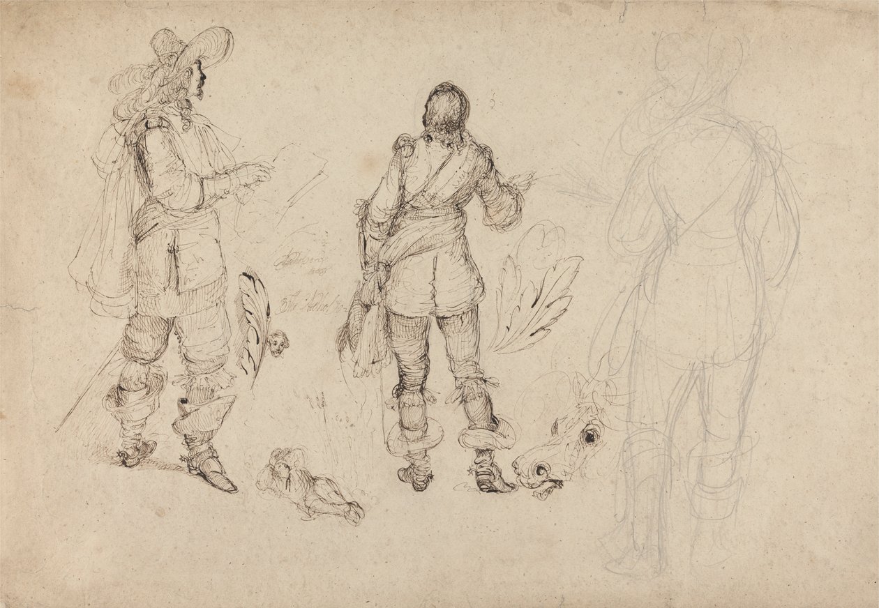 Página de Esboços de Cavaleiro, Cabeça de Cavalo, e Plumas de Thomas Henry Nicholson