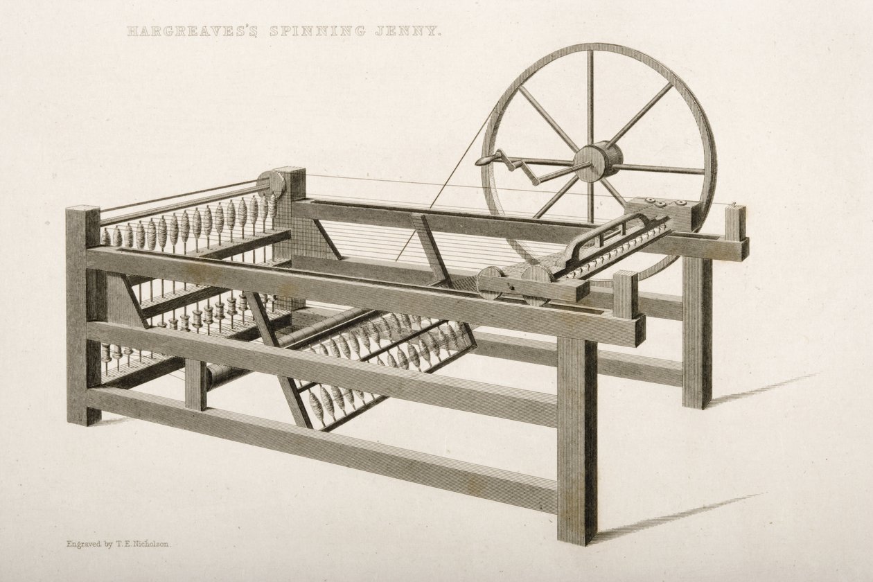 The Spinning Jenny, inventado por James Hargreaves em 1764, 1835 de Thomas Henry Nicholson
