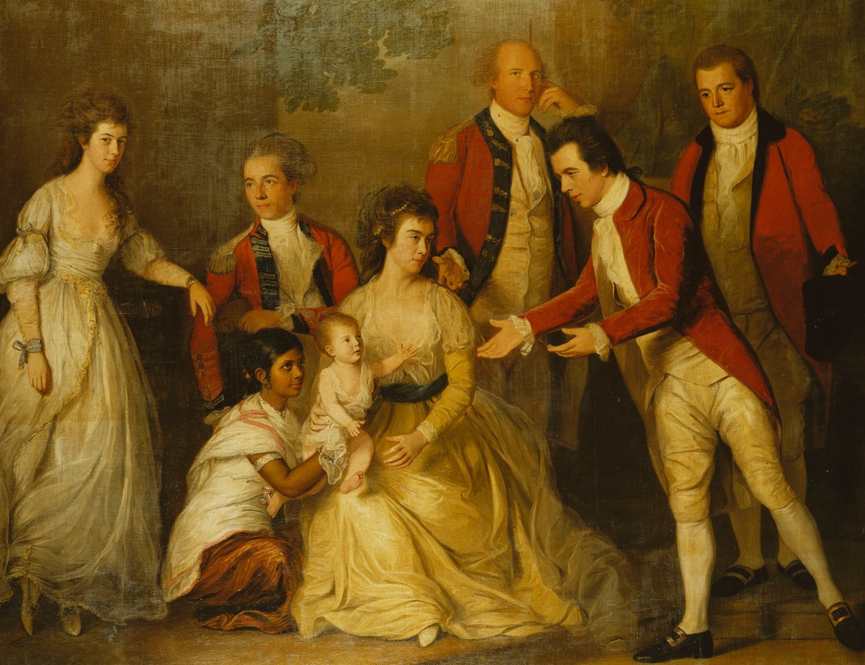 Um retrato de grupo de uma festa de batizado com uma senhora sentada de corpo inteiro, com o marido atrás dela, o filho assistido por uma ayah e quatro padrinhos, de Thomas Hickey