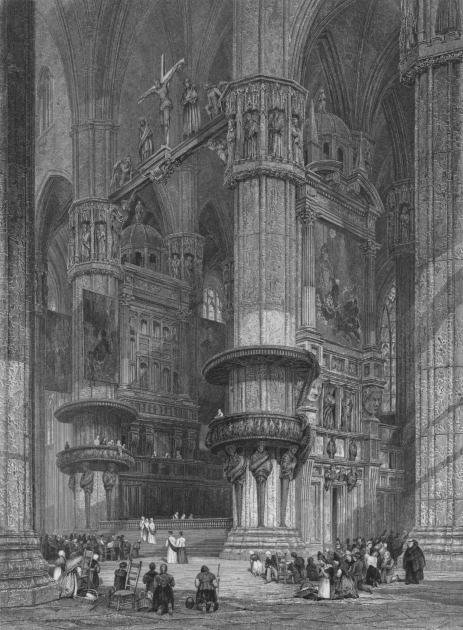 O interior da Catedral de Milão, olhando para o altar alto, 1844. de Thomas Higham