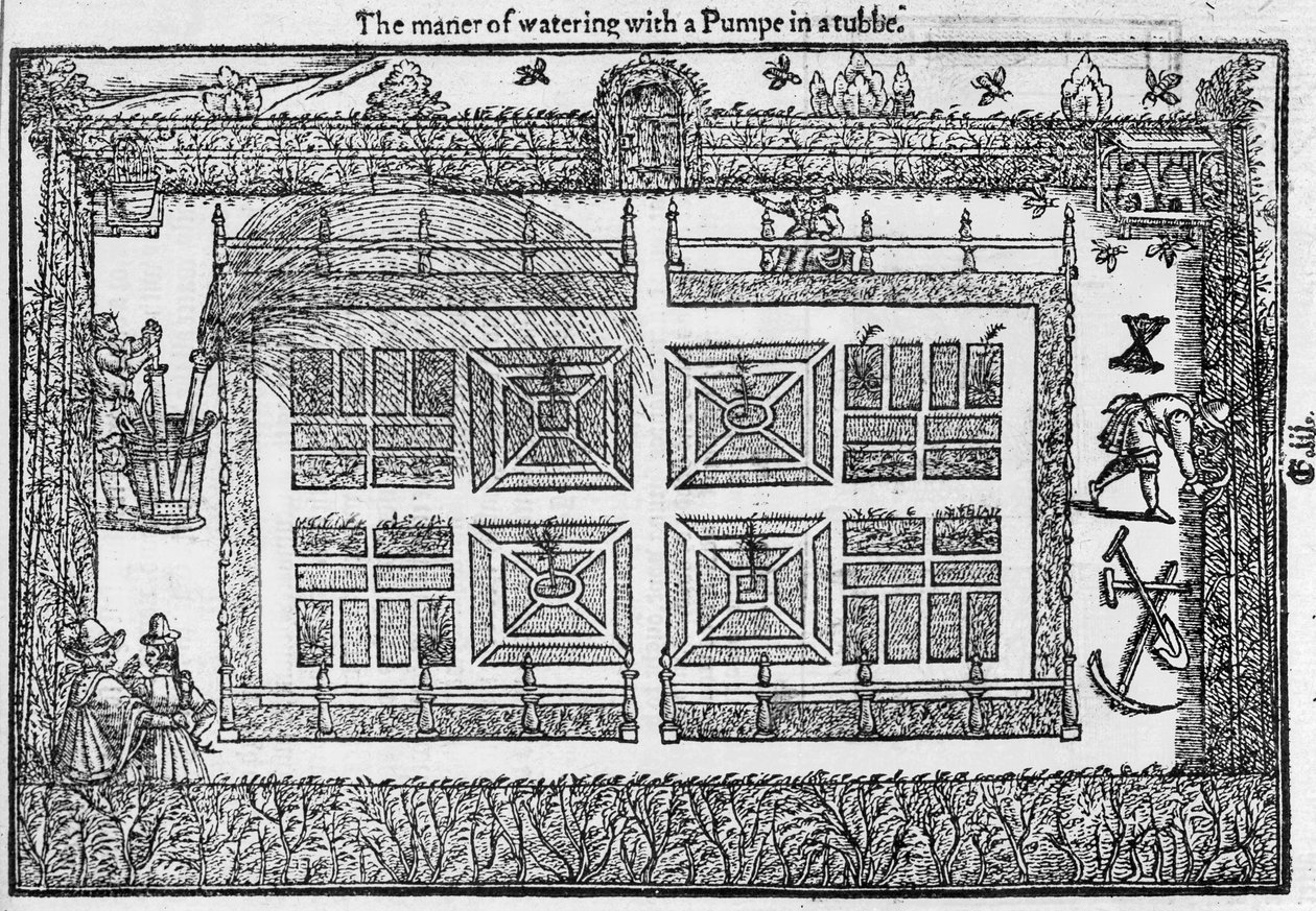 O maner de regar com um pumpe em um tubbe, de The Gardeners Labyrinth, 1577 de Thomas Hill