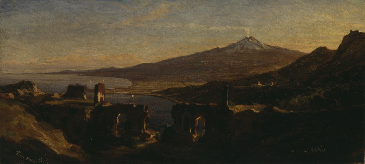 Vista das ruínas do teatro grego em Taormina, Sicília, com o Monte Etna (fumantes) de Thomas Hiram Hotchkiss