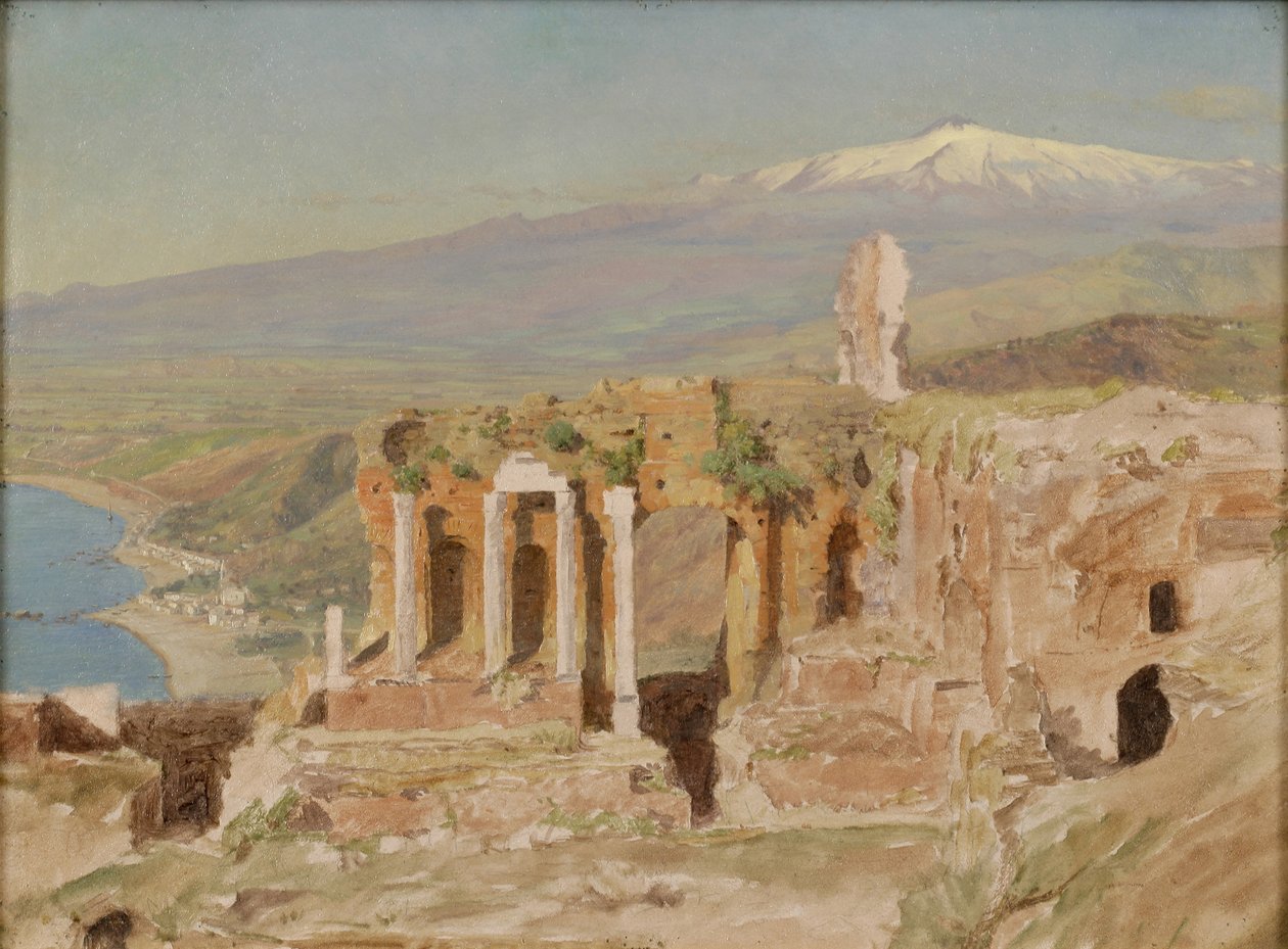 Vista das Ruínas do Teatro Grego de Taormina e do Monte Etna, Sicília de Thomas Hiram Hotchkiss