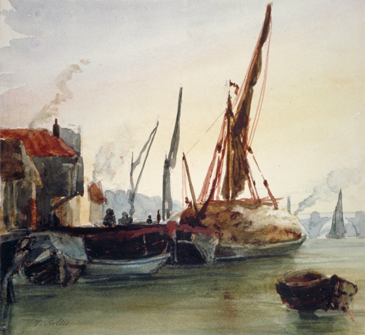 Vista de barcos ancorados no rio Tamisa em Bankside, Southwark, Londres, c1830. de Thomas Hollis