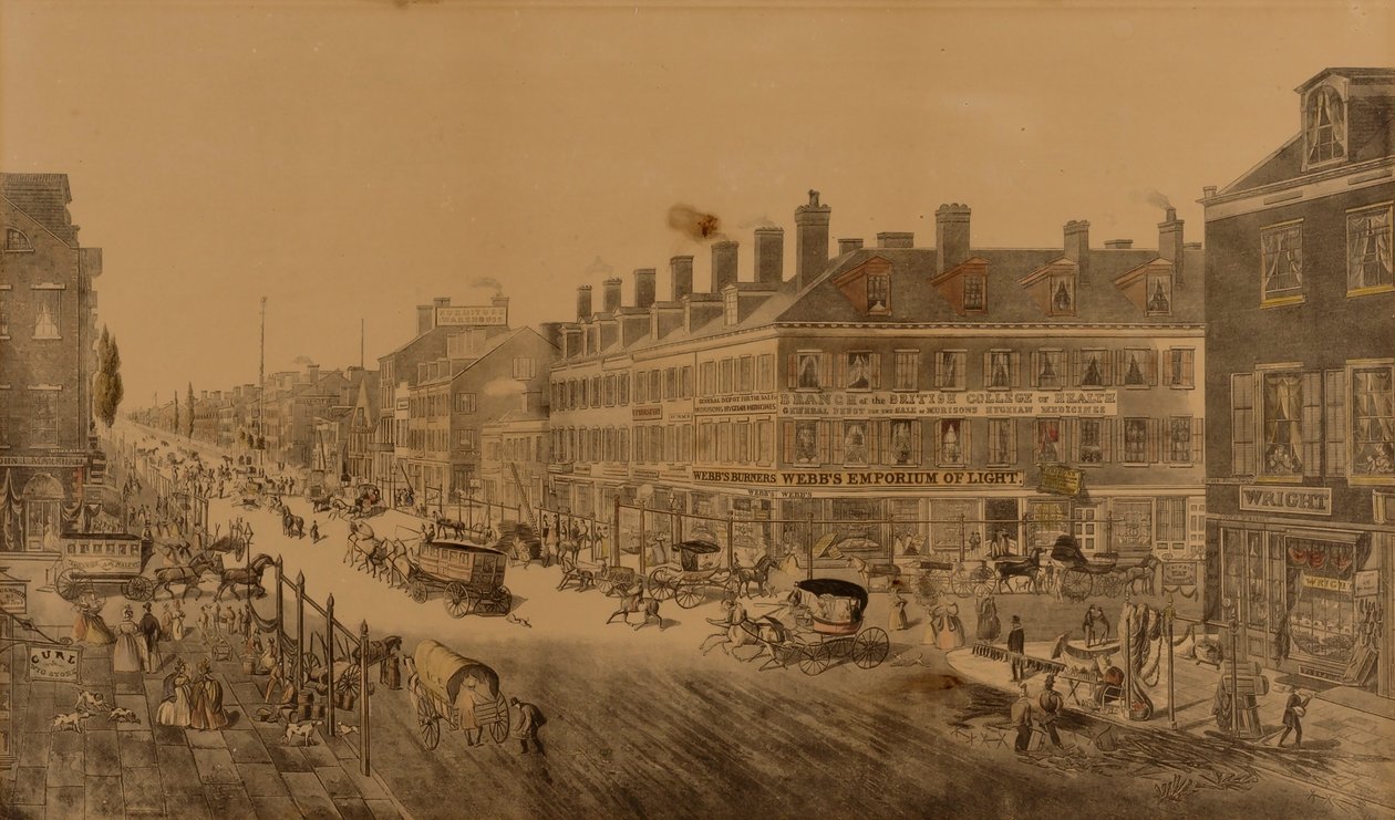 Broadway, Nova Iorque, 1836 (mostrando o Empório de Luz de Webb) de Thomas Horner