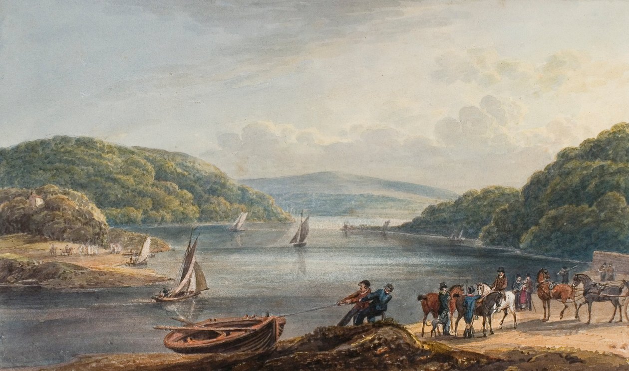 Balsa de Briton, rio e igreja (aguarela e lápis sobre papel) de Thomas Hornor