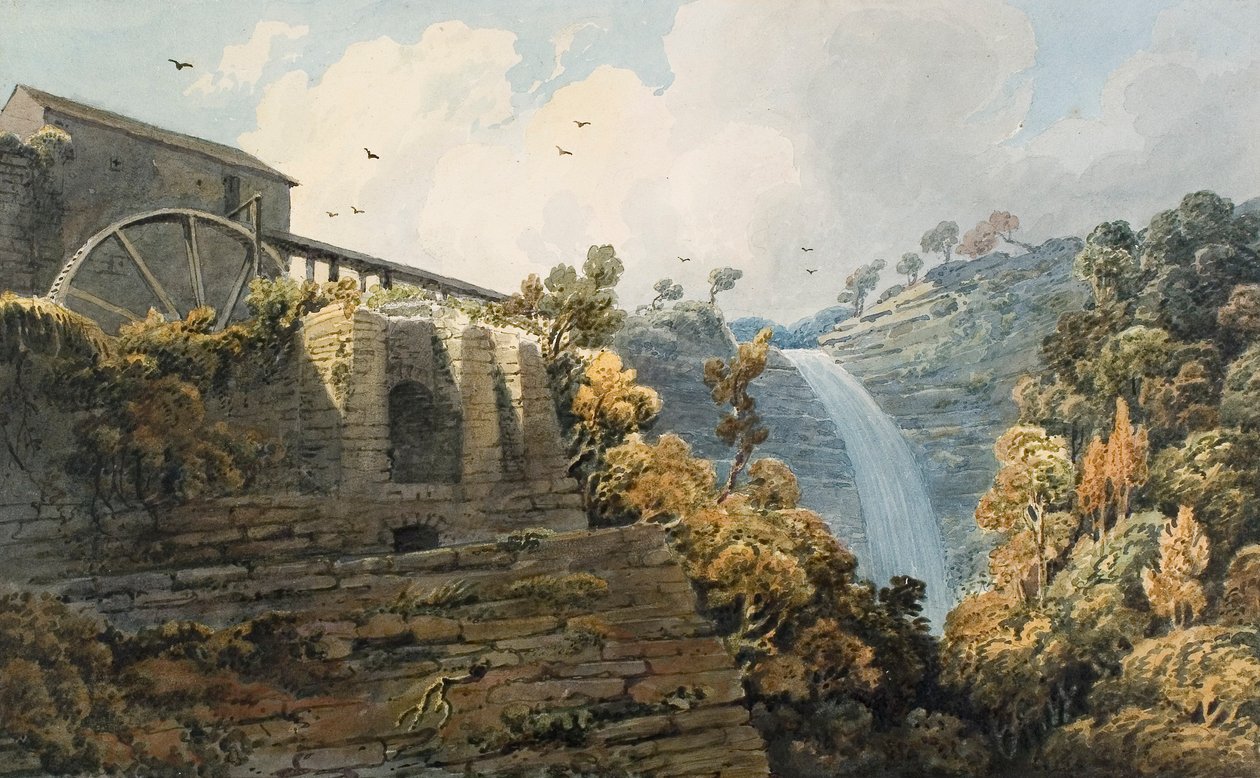 Cascata e Fornalha de Melincourt (aguarela e lápis sobre papel) de Thomas Hornor