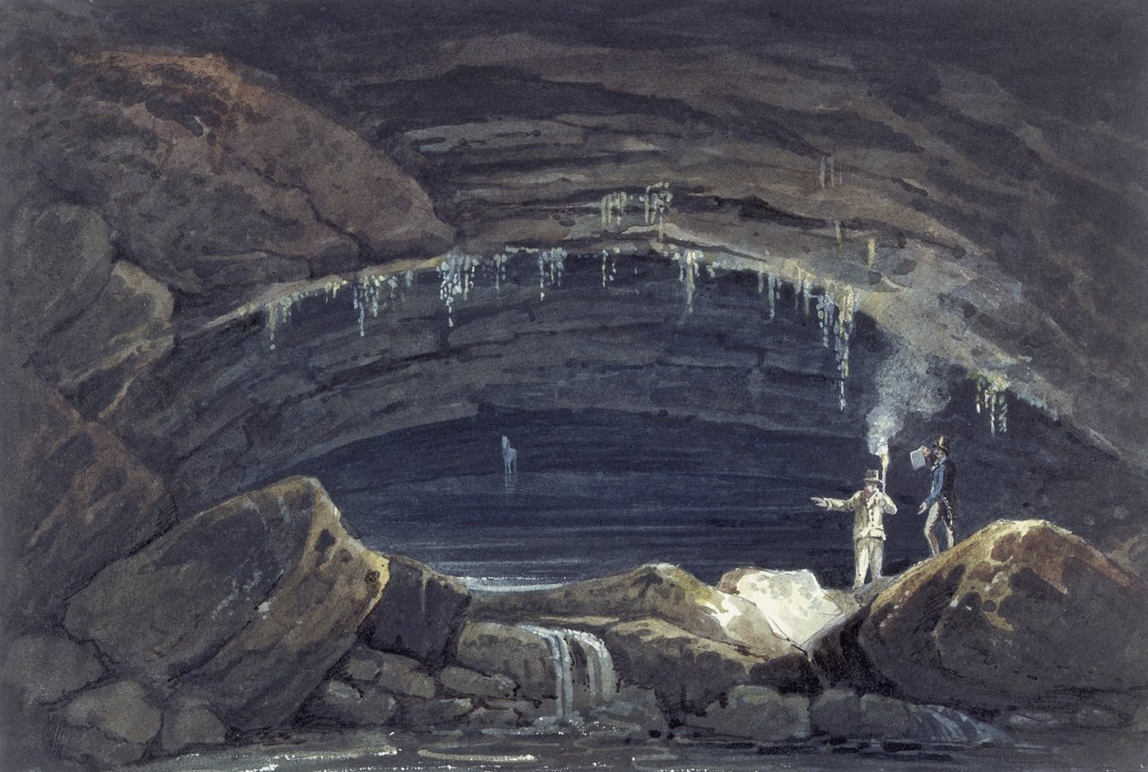 Abertura da gruta em Porth yr Ogof (aguarela sobre papel) de Thomas Hornor