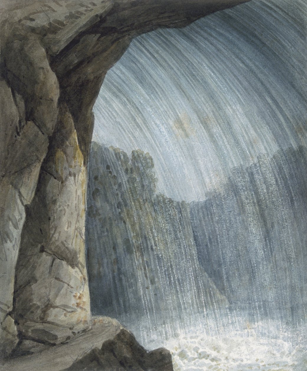 Sob a cascata (aguarela e giz sobre papel) de Thomas Hornor