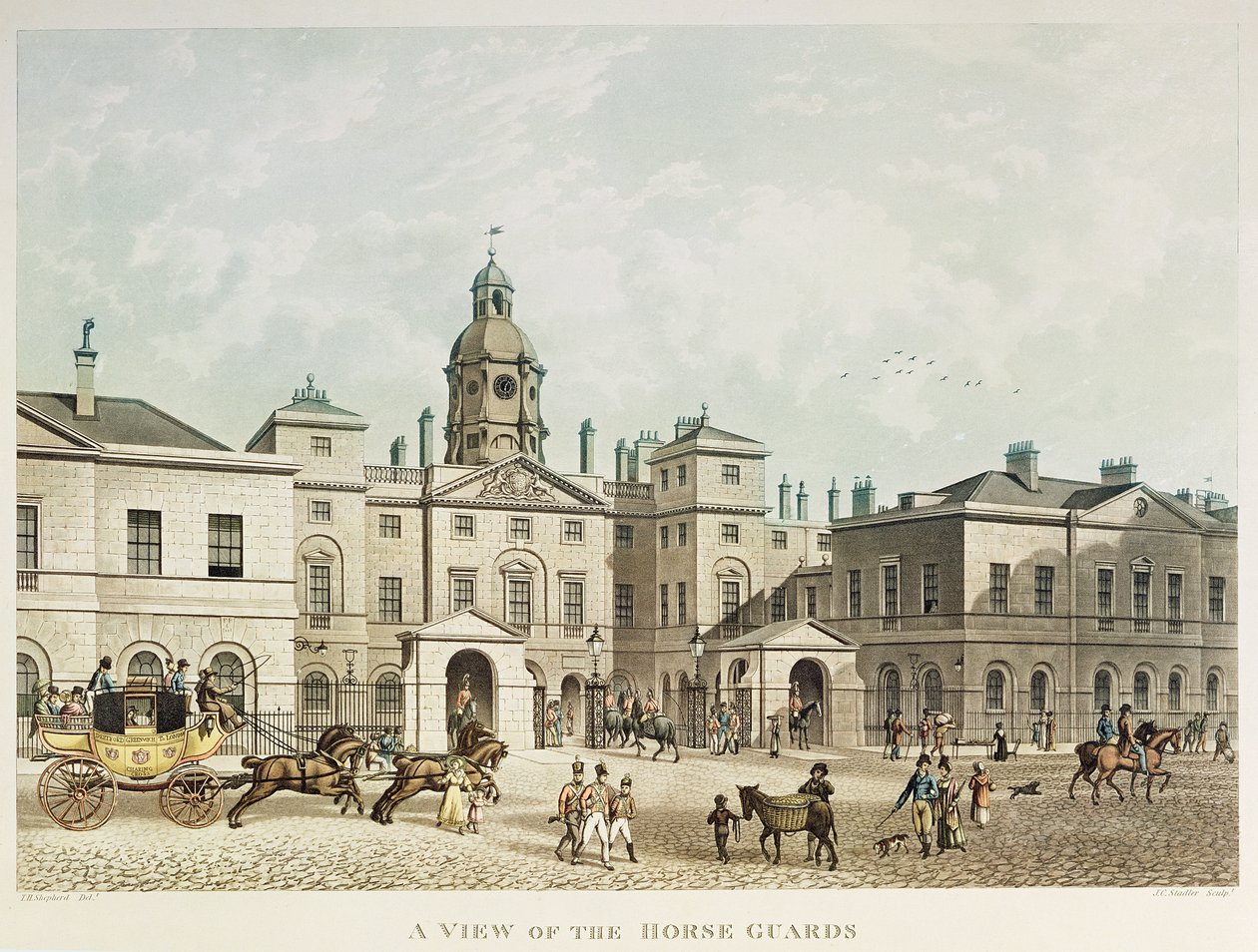 Uma visão dos guardas de cavalo de Whitehall gravada por JC Sadler de Thomas Hosmer Shepherd