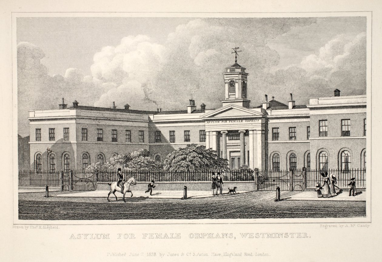 Asylum for Female Orphans, de Westminster, do pub "London and its Environs in the 19th Century". Jones und Co., 1827-1829 de Thomas Hosmer Shepherd