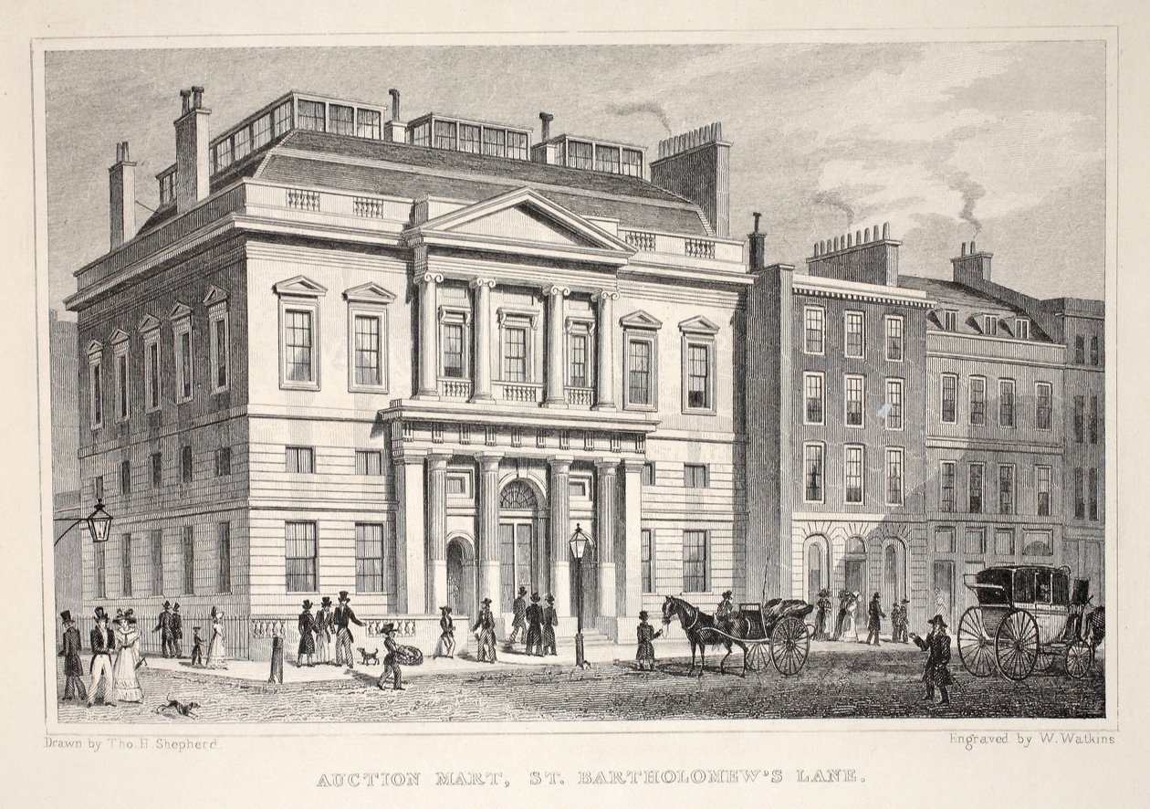 Auction Mart, St. Bartholomew&39;s Lane, do pub "London and its Environs in the 19th Century". Jones und Co., 1827-1829 de Thomas Hosmer Shepherd