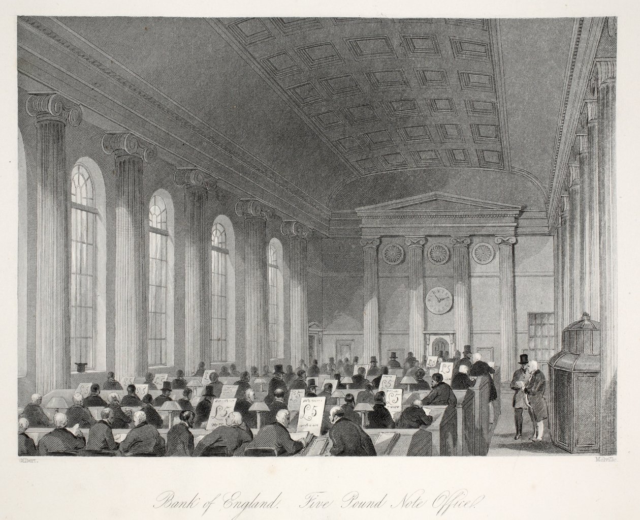 Banco da Inglaterra - escritório de cinco notas da libra, do pub &39;Londres interiores com seus trajes e cerimônias&39;. Joseph Mead, Londres, c.1843 (gravura em aço) de Thomas Hosmer Shepherd