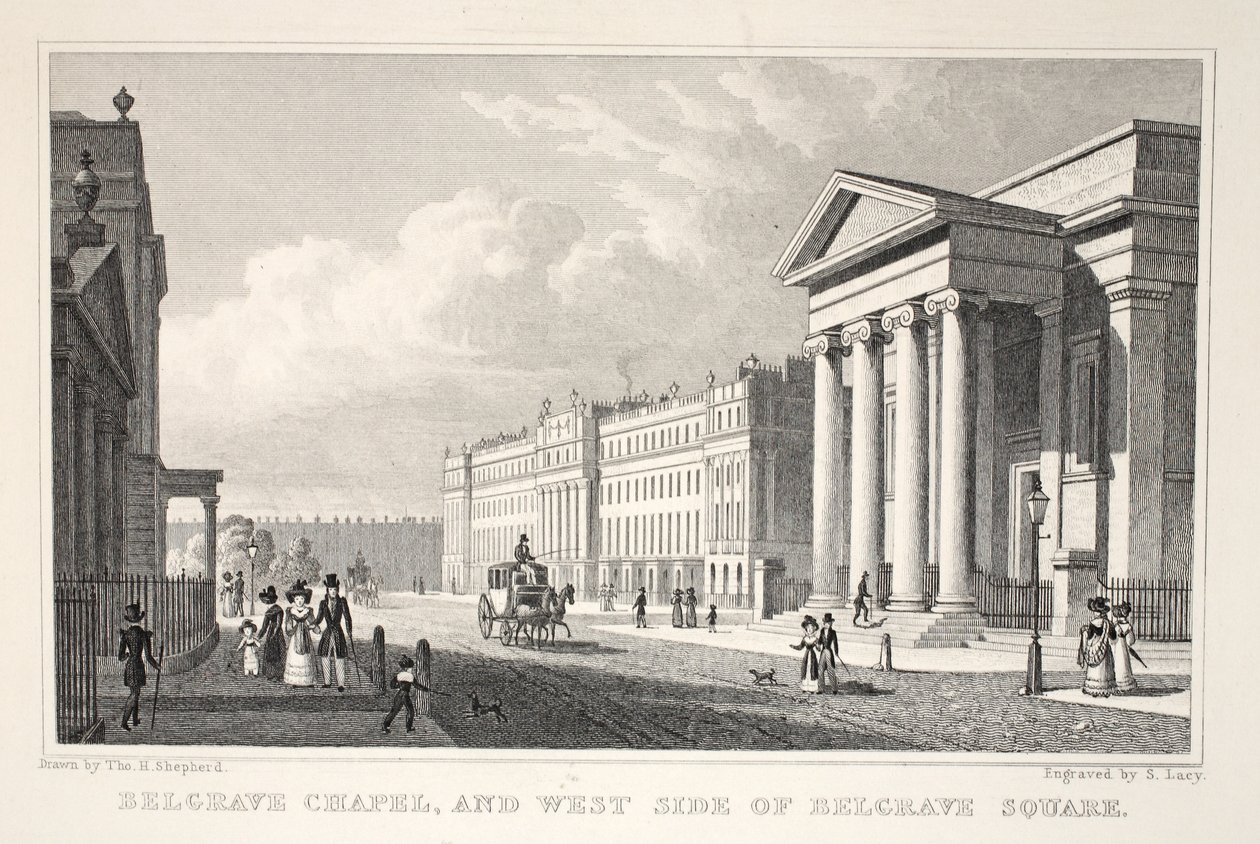 Belgrave Chapel e West Side de Belgrave Square, do pub "London and its Environs in the 19th Century". Jones und Co., 1827-1829 de Thomas Hosmer Shepherd