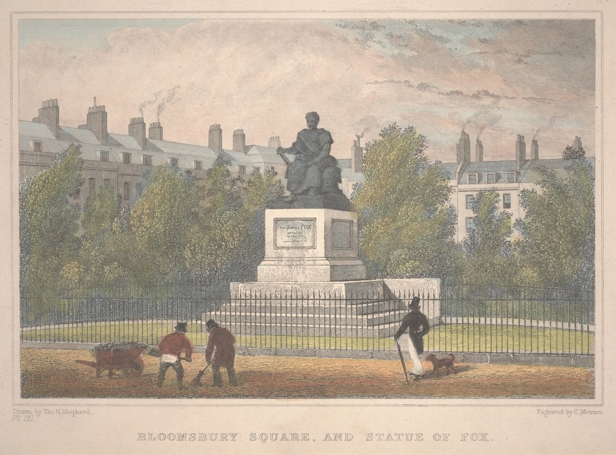 Bloomsbury Square com a estátua de Fox, gravada por Charles Mottram (1806-76) de Thomas Hosmer Shepherd