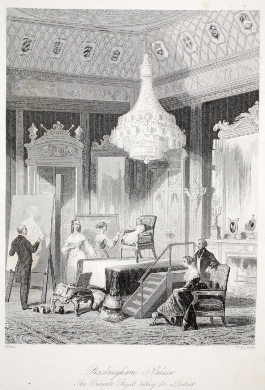 Palácio de Buckingham - a princesa real que senta-se para um retrato, dos interiores de Londres com seu bar dos trajes e das cerimônias. Joseph Mead, Londres, c.1843, gravura em aço de Thomas Hosmer Shepherd