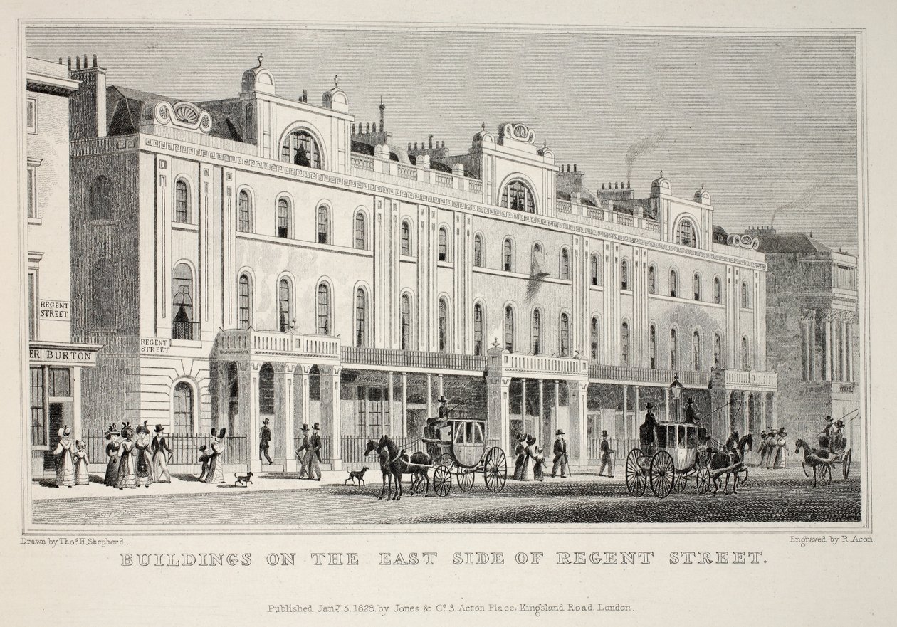 Edifícios no East Side de Regent Street, do pub "London and its Environs in the 19th Century". Jones und Co., 1827-1829 de Thomas Hosmer Shepherd