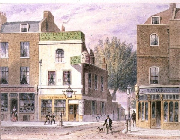 Red Lion Inn esculpido, Islington Green, data na casa 1660 de Thomas Hosmer Shepherd