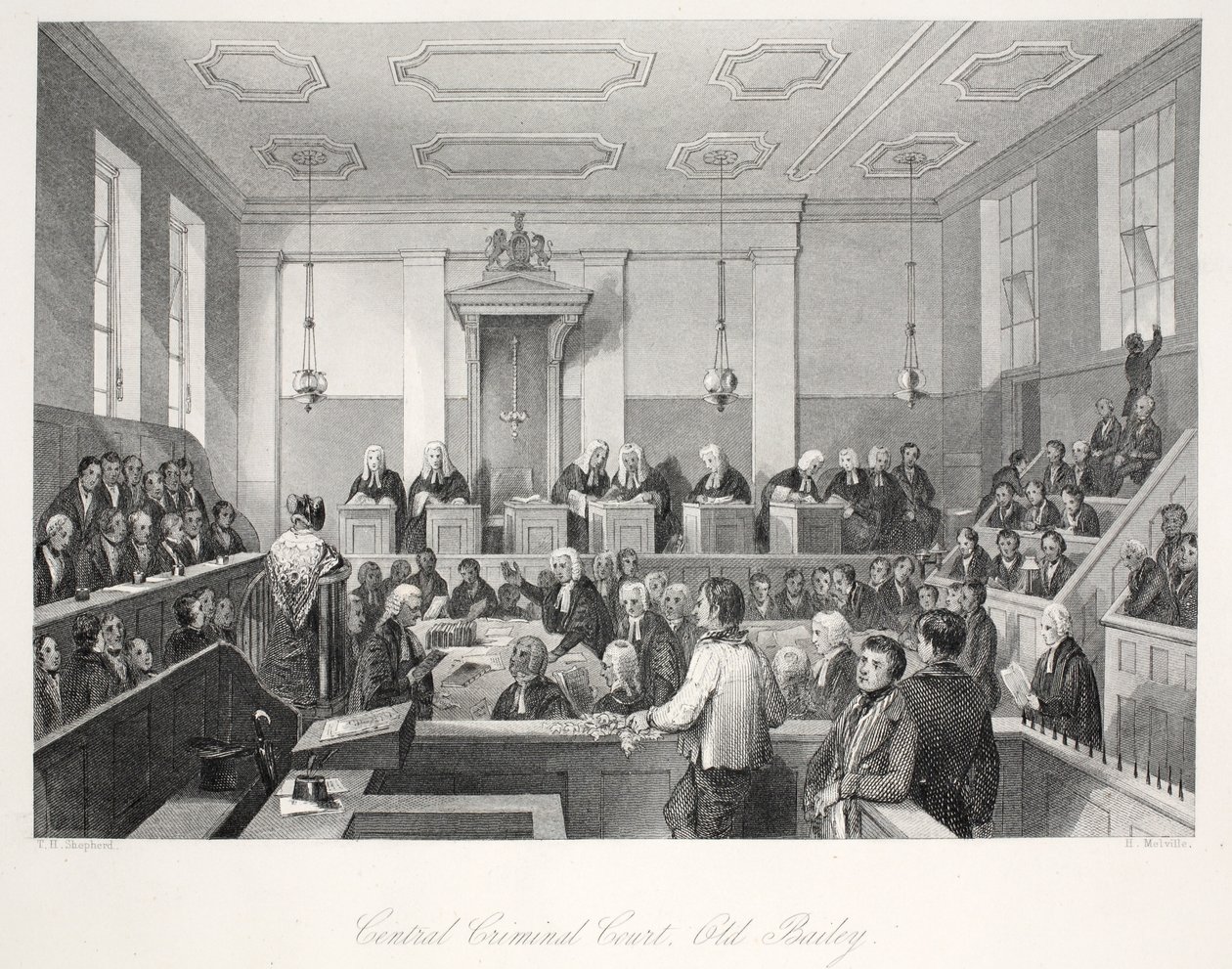 Corte Criminal Central no Old Bailey, do pub "London Interiors with Costumes and Ceremonies". Joseph Mead, Londres, c.1843 (gravura em aço) de Thomas Hosmer Shepherd