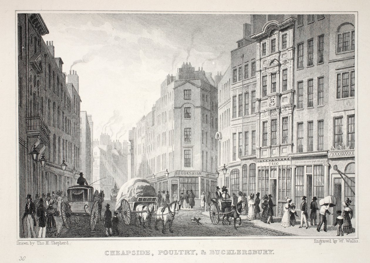 Cheapside, Poultry e Bucklersbury, do pub "London and its Environs in the 19th Century". Jones und Co., 1827-1829 de Thomas Hosmer Shepherd