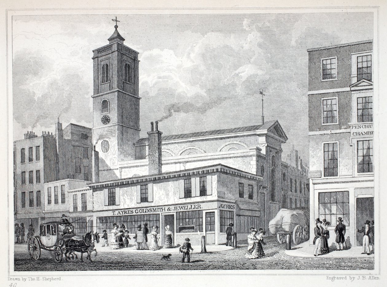 Igreja de St Dionis, Backchurch, de "Londres e é Environs no décimo nono século" pub. Jones und Co., 1827-1829 de Thomas Hosmer Shepherd
