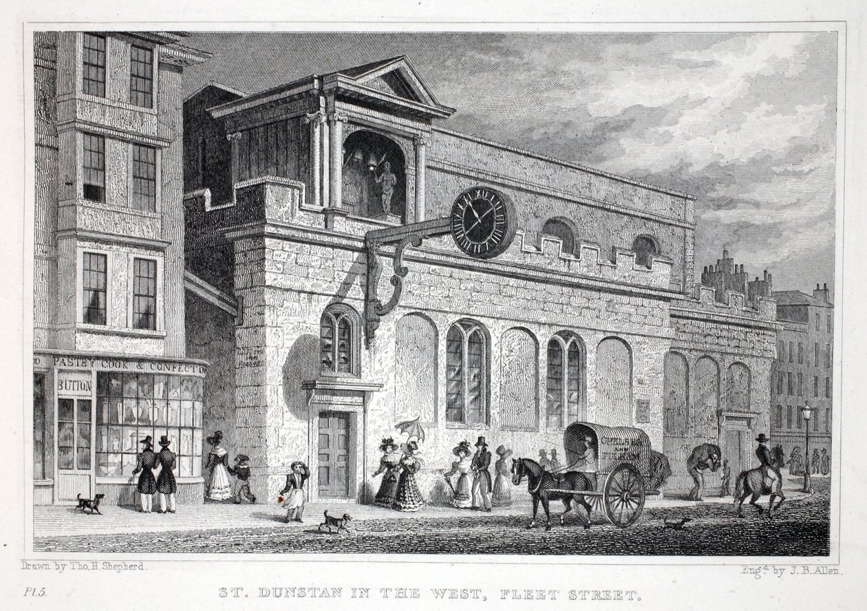 Igreja de St Dunstan, no oeste, Fleet Street, do pub "London and its Environs in the 19th Century". Jones und Co., 1827-1829 de Thomas Hosmer Shepherd