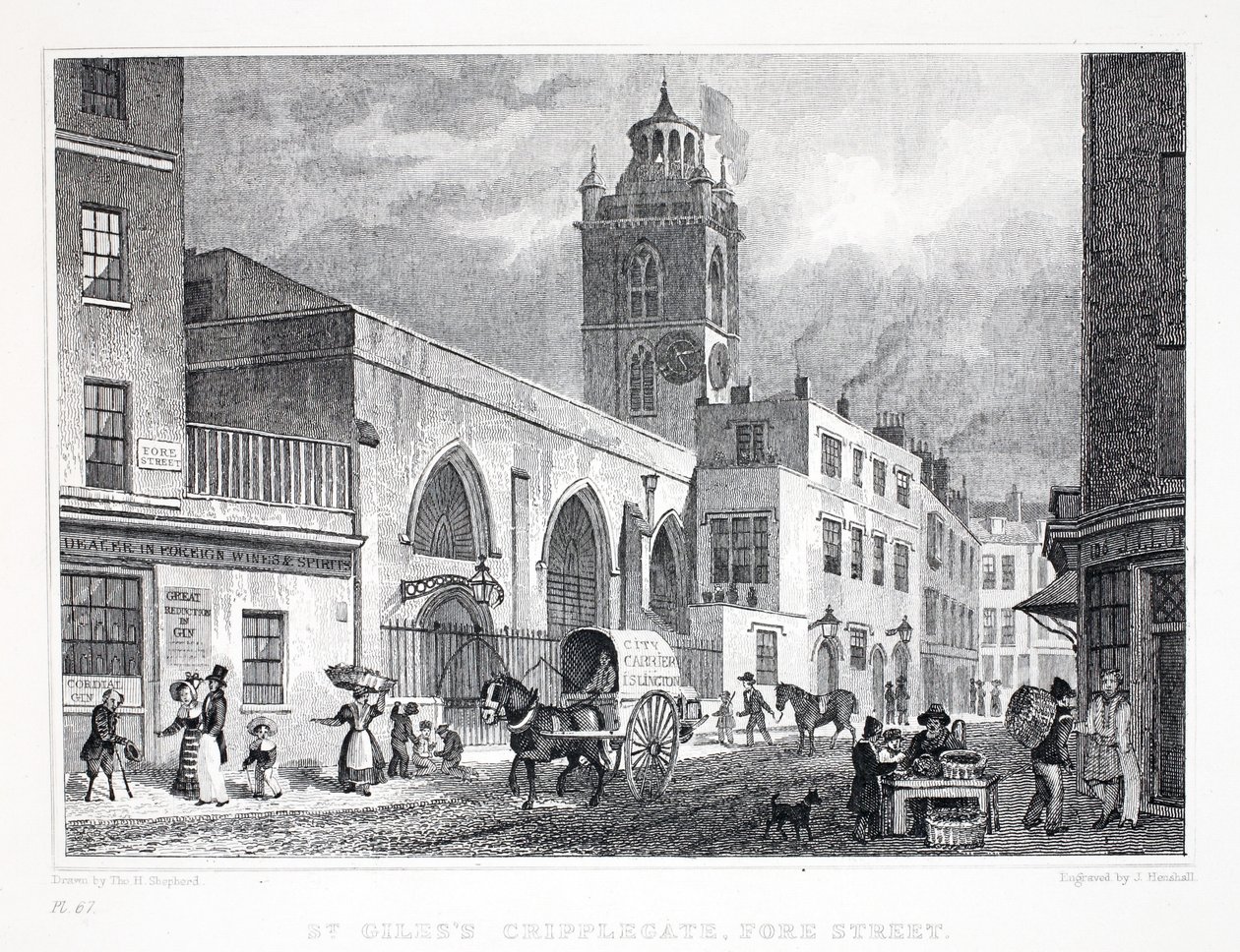 Igreja de St Giles, Cripplegate, do pub "London and its Environs in the 19th Century". Jones und Co., 1827-1829 de Thomas Hosmer Shepherd