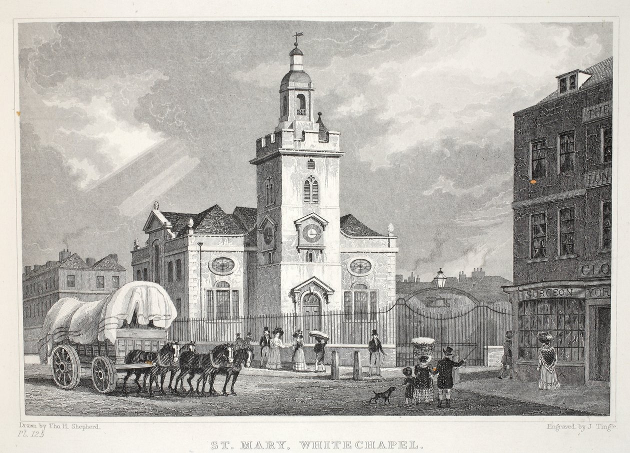 Igreja de Santa Maria, Whitechapel, de &39;Londres e é Environs no décimo nono século&39; pub. Jones und Co., 1827-1829 de Thomas Hosmer Shepherd